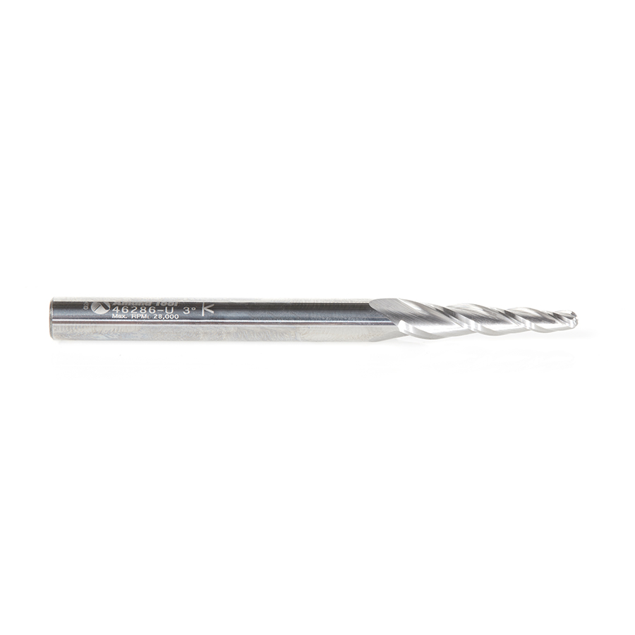 Amana 46286-U CNC 2D and 3D Carving 3.6 Deg Tapered Angle Ball Tip 1/8 Dia x 1/16 Radius x 1 x 1/4 Shank x 3 Inch Long x 3 Flute Solid Carbide Up-Cut Spiral Router Bit
