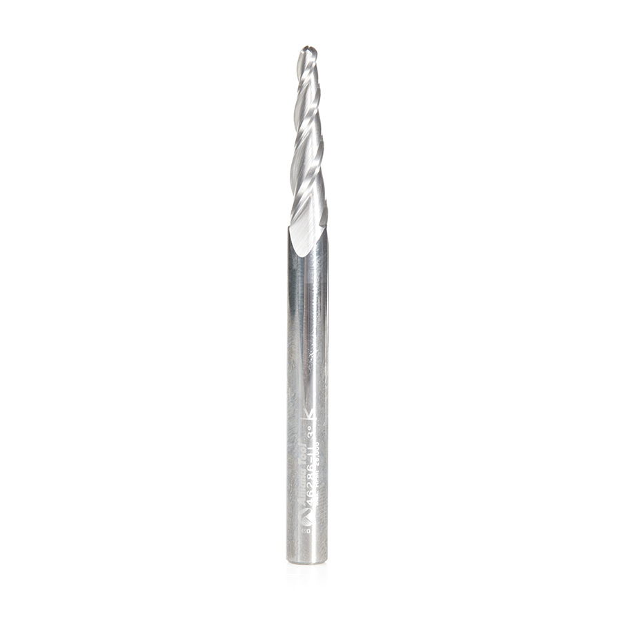 Amana 46286-U CNC 2D and 3D Carving 3.6 Deg Tapered Angle Ball Tip 1/8 Dia x 1/16 Radius x 1 x 1/4 Shank x 3 Inch Long x 3 Flute Solid Carbide Up-Cut Spiral Router Bit