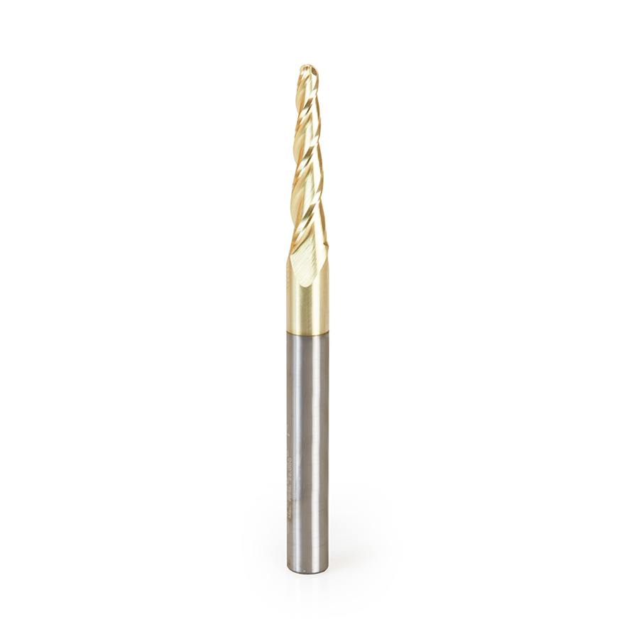 Amana 46286-5, 5-Pack CNC 2D and 3D Carving 3.6 Deg Tapered Angle Ball Tip 1/8 Dia x 1/16 Radius x 1 x 1/4 Shank x 3 Inch Long x 3 Flute Solid Carbide Up-Cut Spiral ZrN Coated Router Bits