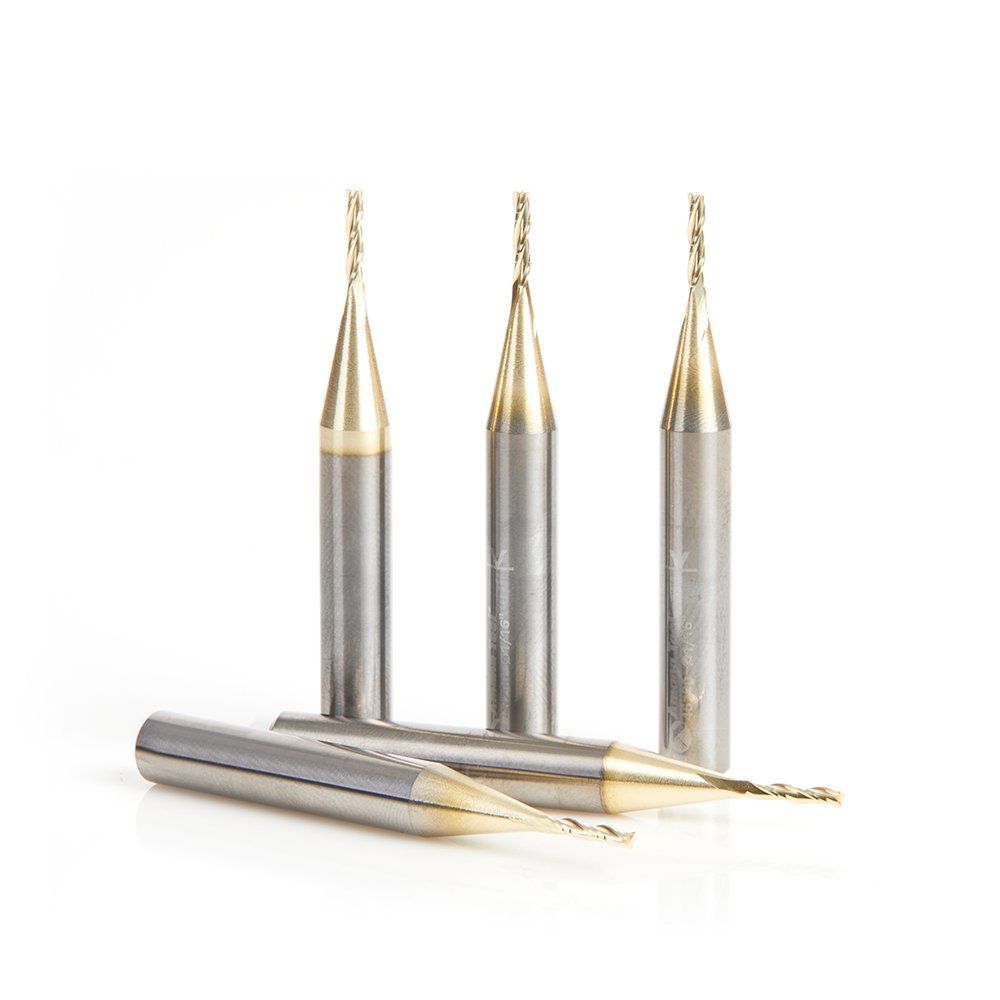 Amana 46290-5 5 Pack CNC 2D and 3D Carving Flat Bottom 0.10 Deg Angle x 1/16 Dia x 5/16 x 1/4 Shank x 2 Inch Long x 3 Flute Solid Carbide ZrN Coated Router Bit