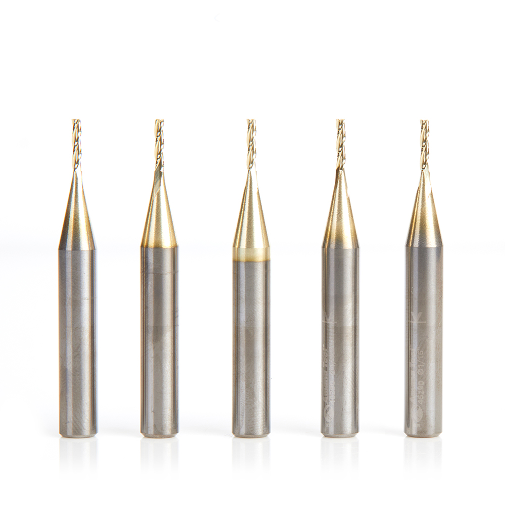 Amana 46290-5 5 Pack CNC 2D and 3D Carving Flat Bottom 0.10 Deg Angle x 1/16 Dia x 5/16 x 1/4 Shank x 2 Inch Long x 3 Flute Solid Carbide ZrN Coated Router Bit