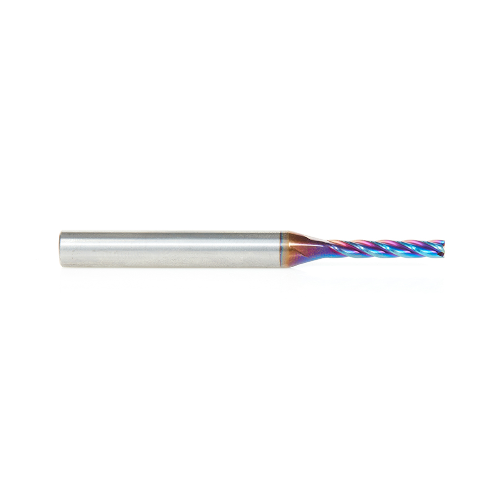 Amana 46292-SK CNC 2D and 3D Carving Flat Bottom 0.10 Deg Angle x 1/8 Dia x 3/4 x 1/4 Shank x 2 Inch Long x 4 Flute Solid Carbide Up-Cut Spiral Spektra, Extreme Tool Life Coated Router Bit