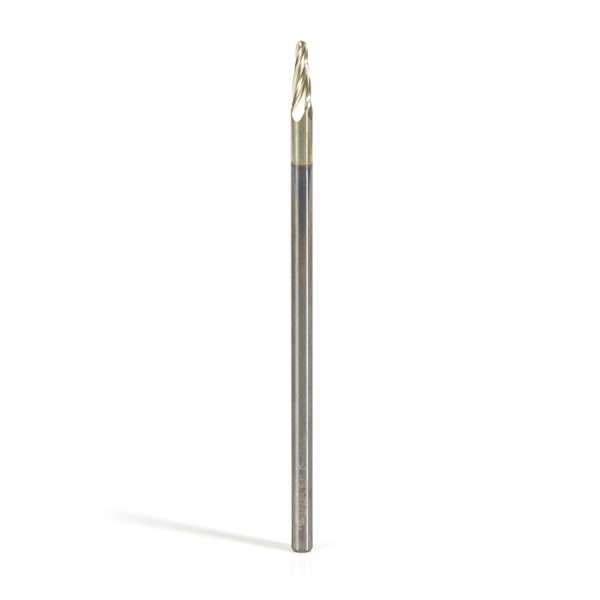 Amana 46293 CNC 2D and 3D Carving 5.4 Deg Tapered Angle Ball Tip 1/16 Dia x 1/32 Radius x 0.362 x 1/8 Shank x 3 Inch Long x 4 Flute Solid Carbide Up-Cut Spiral ZrN Coated Router Bit