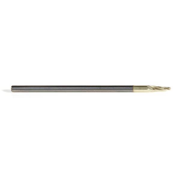 Amana 46293 CNC 2D and 3D Carving 5.4 Deg Tapered Angle Ball Tip 1/16 Dia x 1/32 Radius x 0.362 x 1/8 Shank x 3 Inch Long x 4 Flute Solid Carbide Up-Cut Spiral ZrN Coated Router Bit