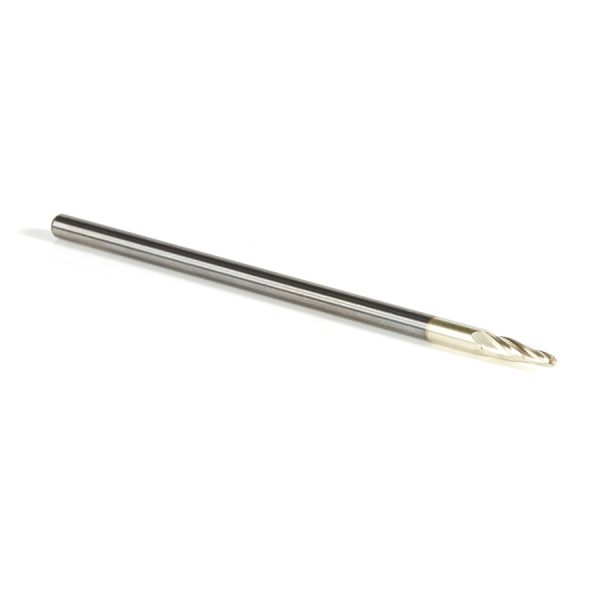 Amana 46293 CNC 2D and 3D Carving 5.4 Deg Tapered Angle Ball Tip 1/16 Dia x 1/32 Radius x 0.362 x 1/8 Shank x 3 Inch Long x 4 Flute Solid Carbide Up-Cut Spiral ZrN Coated Router Bit