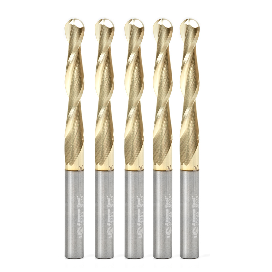 Amana 46294-5, 5-Pack CNC 2D and 3D Carving 0.10 Deg Straight Angle Ball Tip 1/4 Dia x 1/8 Radius x 1-1/2 x 1/4 Shank x 3 Inch Long x 2 Flute Solid Carbide ZrN Coated Router Bit