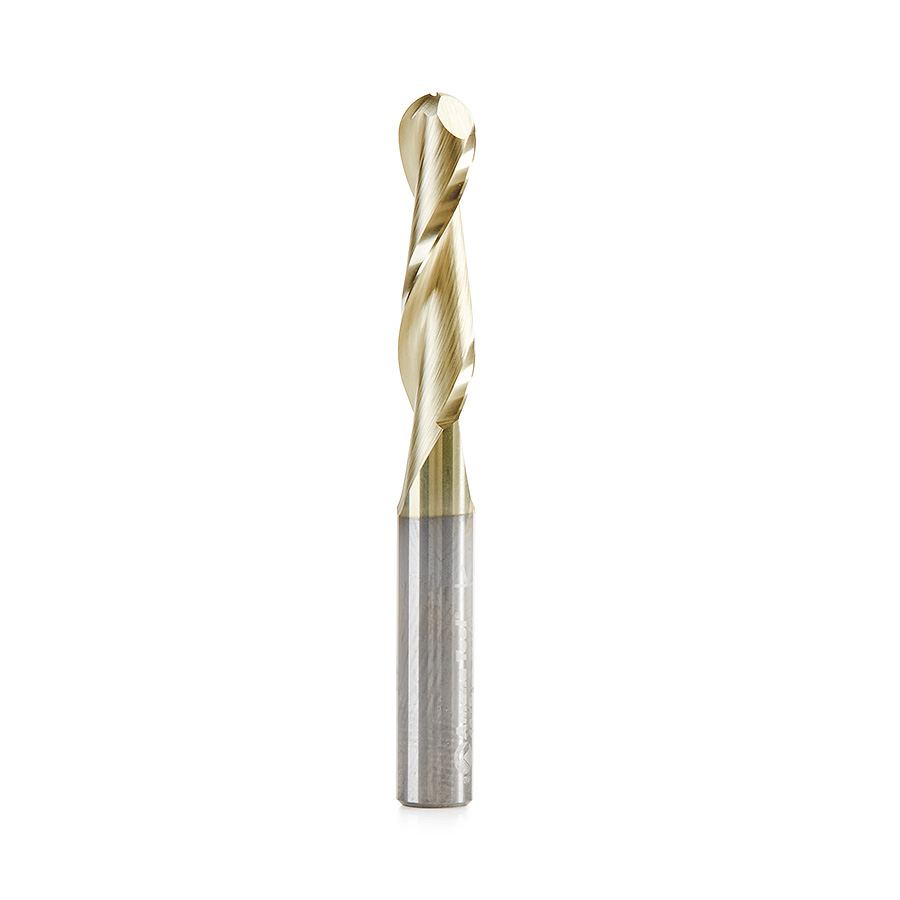 Amana 46294-S CNC 2D and 3D Carving 0.10 Deg Straight Angle Ball Tip 1/4 Dia x 1/8 Radius x 1 x 1/4 Shank x 2-1/4 Inch Long x 2 Flute Solid Carbide ZrN Coated Router Bit