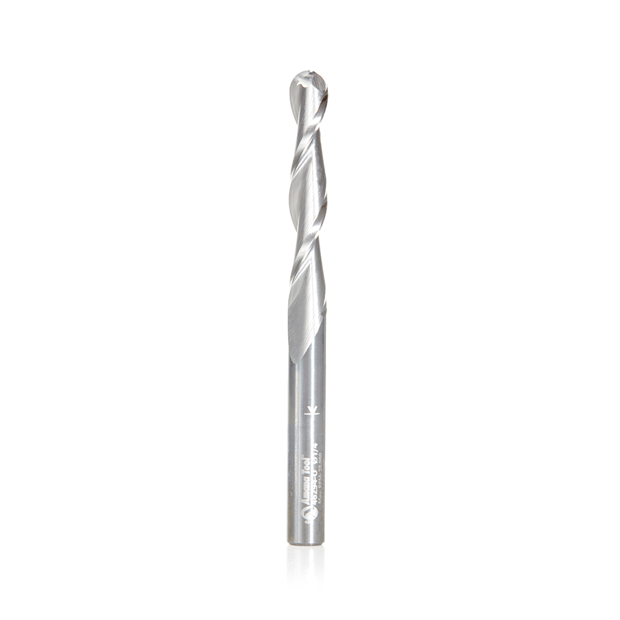Amana 46294-U CNC 2D and 3D Carving 0.10 Deg Straight Angle Ball Tip 1/4 Dia x 1/8 Radius x 1-1/2 x 1/4 Shank x 3 Inch Long x 2 Flute Solid Carbide Router Bit