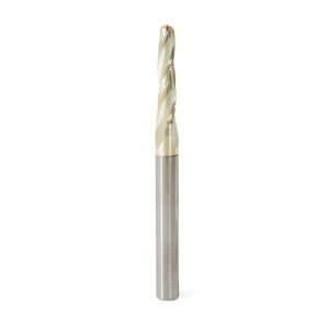 Amana 46298 CNC 2D and 3D Carving 1 Deg Tapered Angle Ball Tip 3/16 Dia x 3/32 Radius x 1 x 1/4 Shank x 3 Inch Long x 3 Flute Solid Carbide Up-Cut Spiral ZrN Coated Router Bit