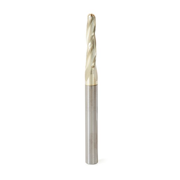 Amana 46298 CNC 2D and 3D Carving 1 Deg Tapered Angle Ball Tip 3/16 Dia x 3/32 Radius x 1 x 1/4 Shank x 3 Inch Long x 3 Flute Solid Carbide Up-Cut Spiral ZrN Coated Router Bit