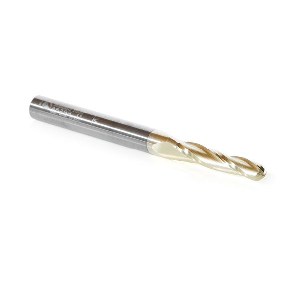 Amana 46298 CNC 2D and 3D Carving 1 Deg Tapered Angle Ball Tip 3/16 Dia x 3/32 Radius x 1 x 1/4 Shank x 3 Inch Long x 3 Flute Solid Carbide Up-Cut Spiral ZrN Coated Router Bit