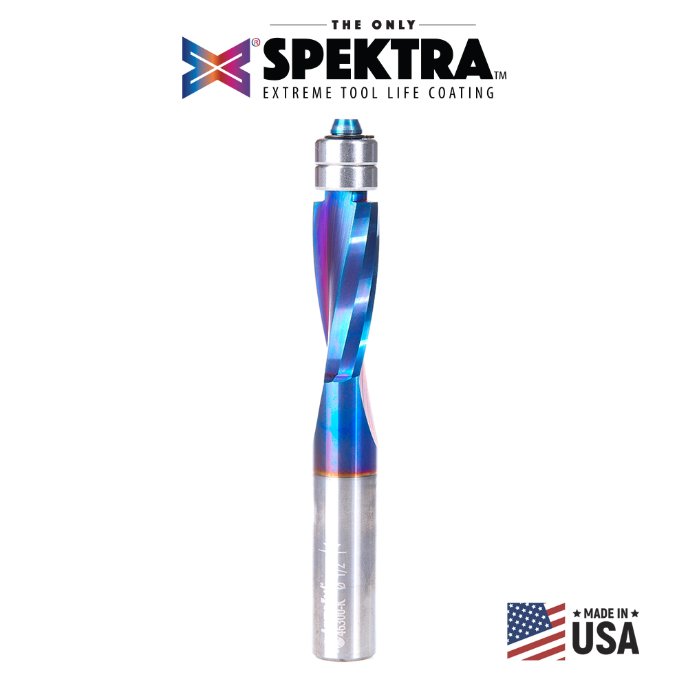 Amana 46300-K Solid Carbide Spektra, Extreme Tool Life Coated UltraTrim Spiral 1/2 Dia x 1-1/4 x 1/2 Inch Shank with Double Lower Ball Bearing Up-Cut