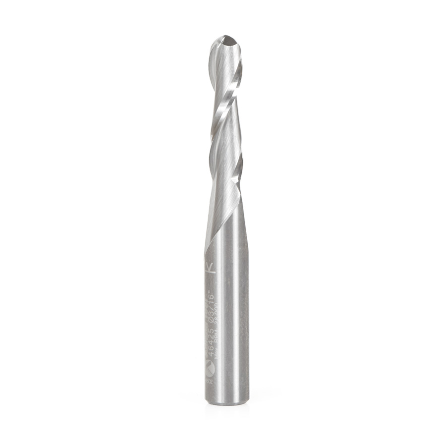 Amana 46425 Solid Sub Micrograin Carbide Up-Cut Spiral Ball Nose 3/32 Radius x 3/16 Dia x 3/4 x 1/4 Shank x 2 Inch Long x 2 Flute Router Bit