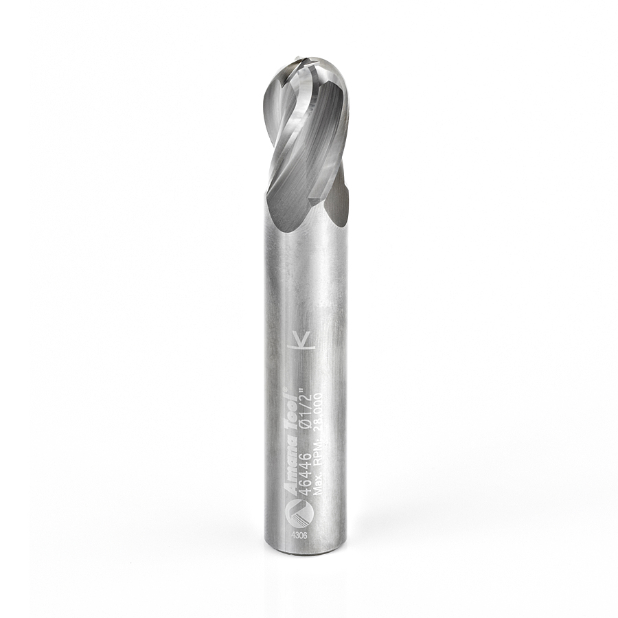 Amana 46446 Solid Carbide Up-Cut Spiral Ball Nose 1/4 Radius x 1/2 Dia x 3/4 x 1/2 Shank x 3 Inch Long x 4 Flute Router Bit