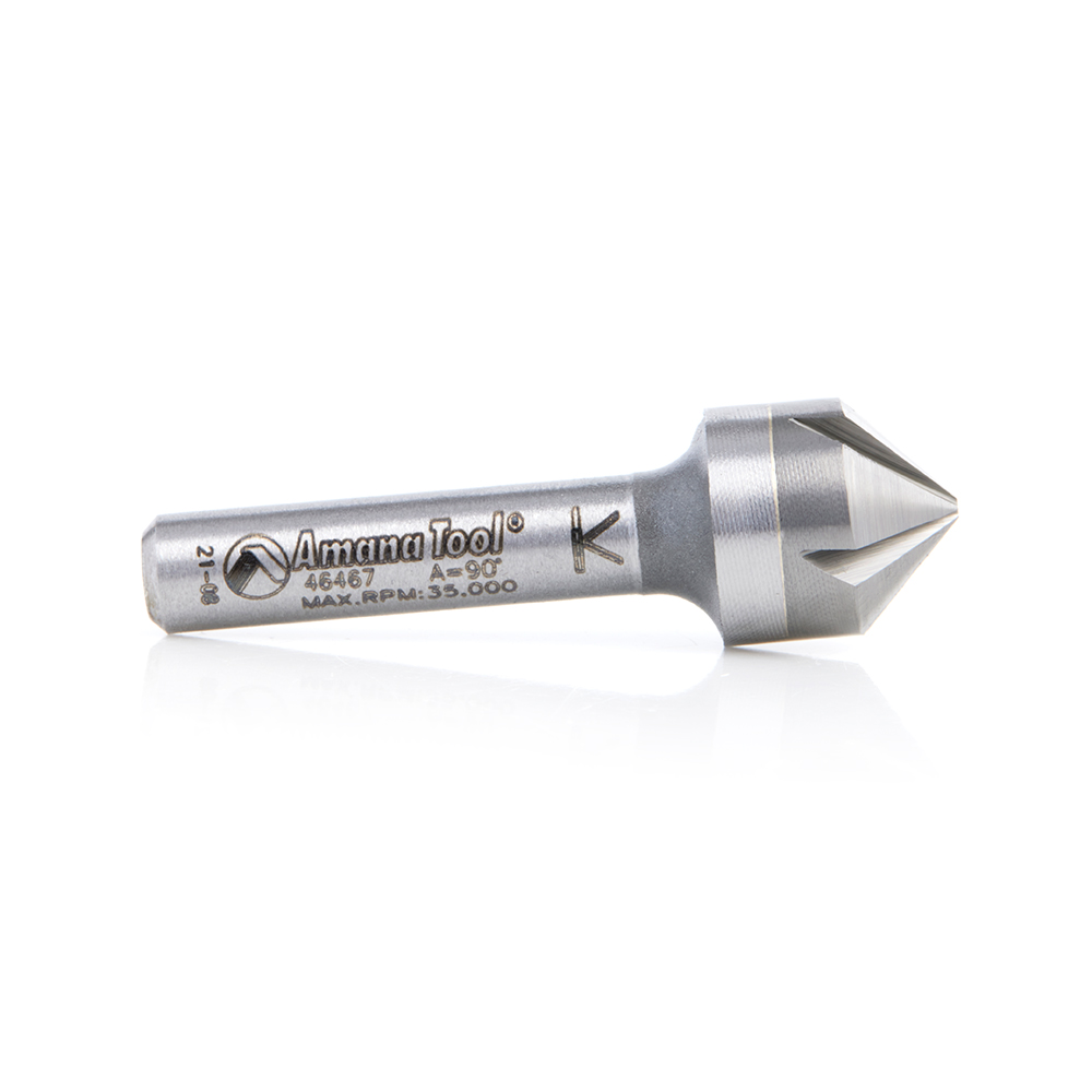 Amana 46467 Solid Carbide CNC 90 Degree Angle x 1/2 Dia x 1/4 x 1/4 Shank x 1-3/4 Inch Long 5 Flute Countersink and Chamfer Router Bit
