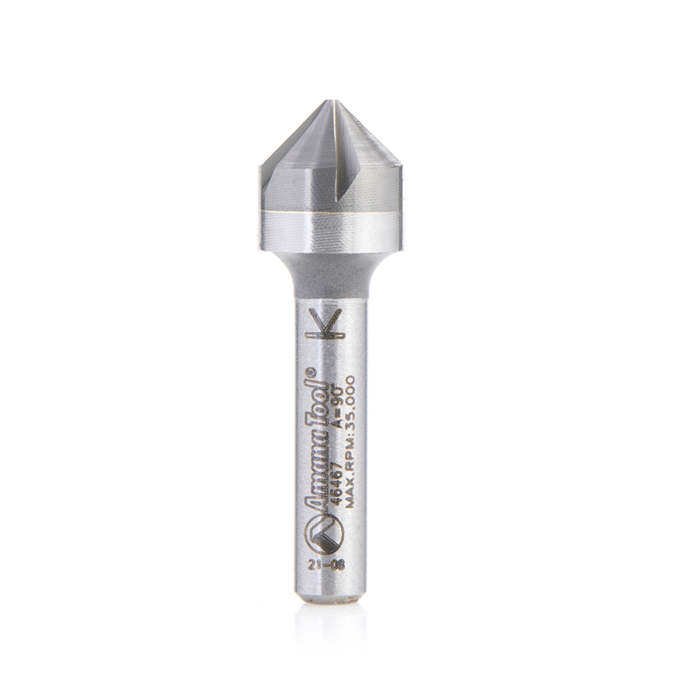 Amana 46467 Solid Carbide CNC 90 Degree Angle x 1/2 Dia x 1/4 x 1/4 Shank x 1-3/4 Inch Long 5 Flute Countersink and Chamfer Router Bit