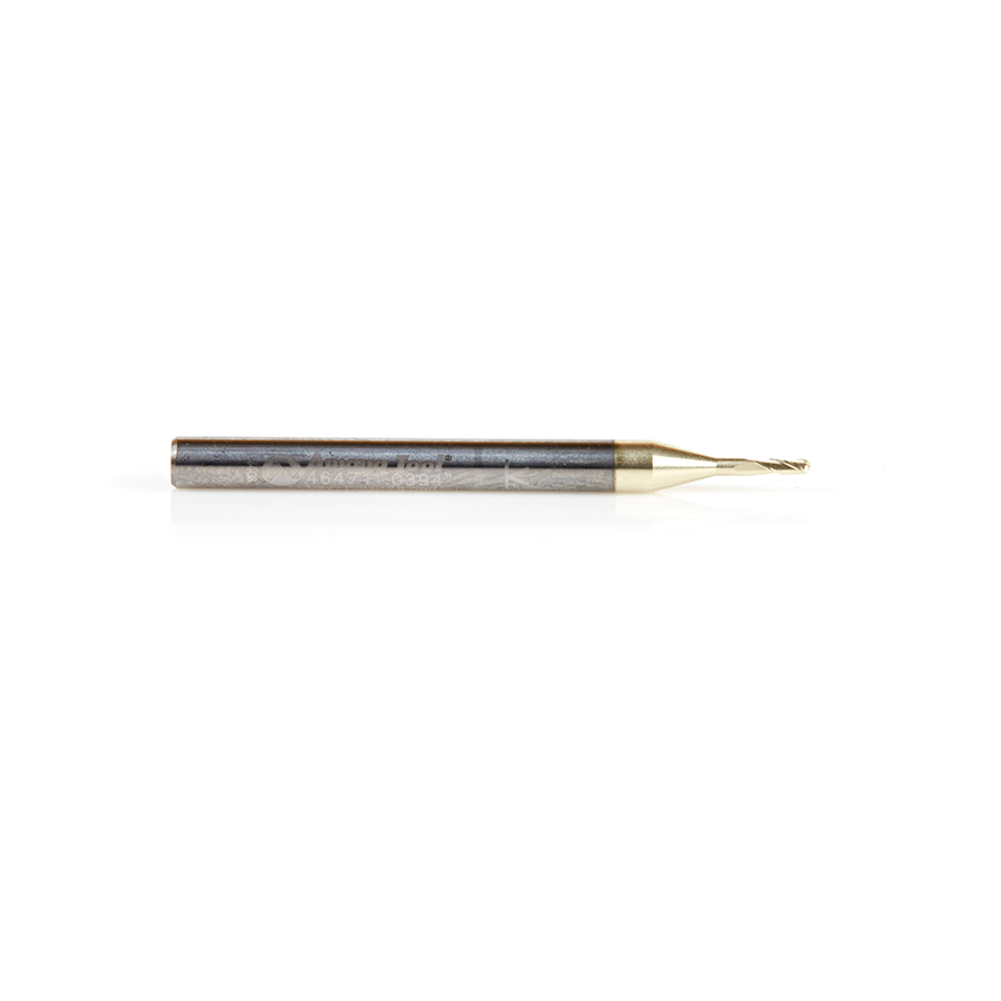 Amana 46471 CNC 2D and 3D Carving 0.10 Deg Tapered Angle Ball Tip x 1mm (.0394") Dia x 0.5mm (.019") Radius x 3mm (.118") x 3.175mm (1/8) Shank x 38.1mm (1-1/2) Long x 3 Flute Up-Cut Spiral Solid Carbide ZrN Coated