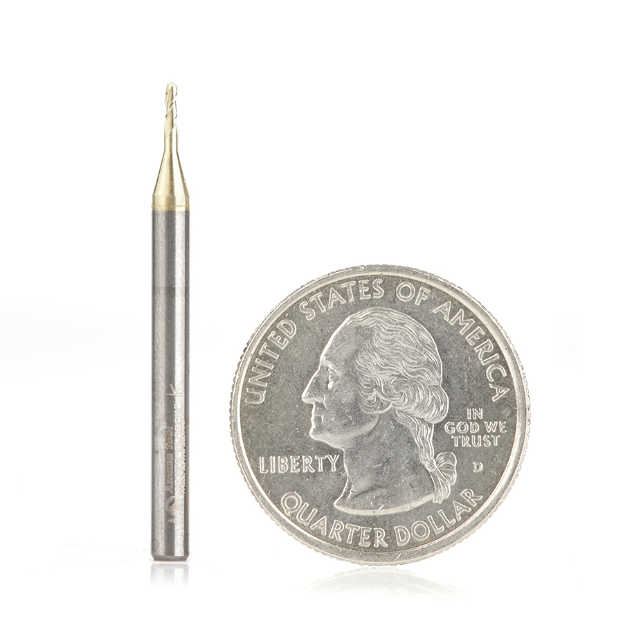 Amana 46471 CNC 2D and 3D Carving 0.10 Deg Tapered Angle Ball Tip x 1mm (.0394") Dia x 0.5mm (.019") Radius x 3mm (.118") x 3.175mm (1/8) Shank x 38.1mm (1-1/2) Long x 3 Flute Up-Cut Spiral Solid Carbide ZrN Coated