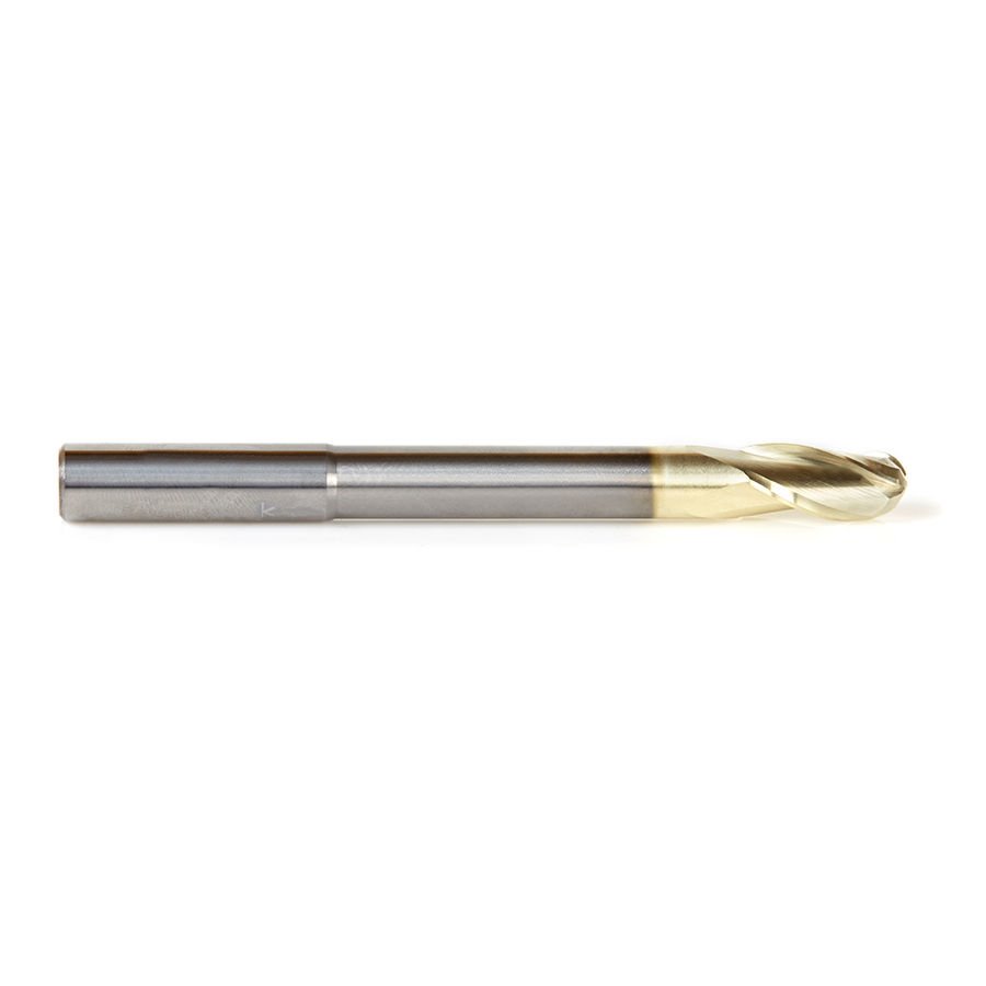 Amana 46491 Extra Long CNC 2D and 3D Carving Ball Nose 0.10 Deg Straight Angle x 3/8 Dia x 3/16 Radius x 3/4 x 3/8 Shank x 4 Inch Long x 3 Flute Solid Carbide ZrN Coated Reduced Shank Router Bit