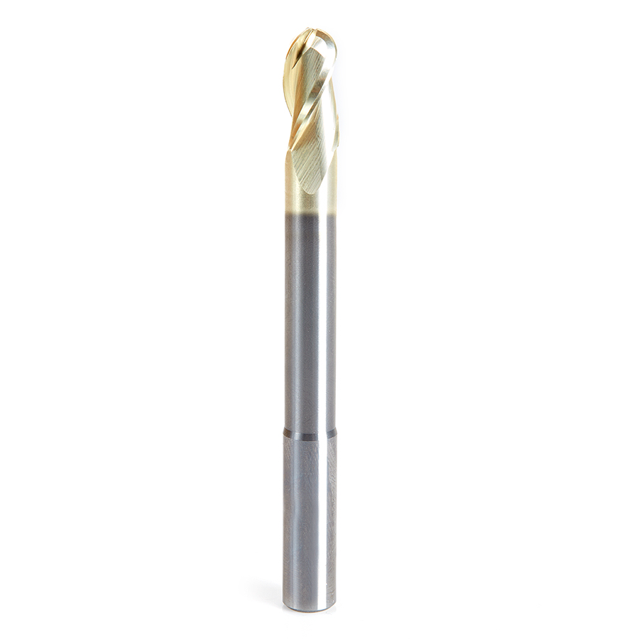 Amana 46491 Extra Long CNC 2D and 3D Carving Ball Nose 0.10 Deg Straight Angle x 3/8 Dia x 3/16 Radius x 3/4 x 3/8 Shank x 4 Inch Long x 3 Flute Solid Carbide ZrN Coated Reduced Shank Router Bit