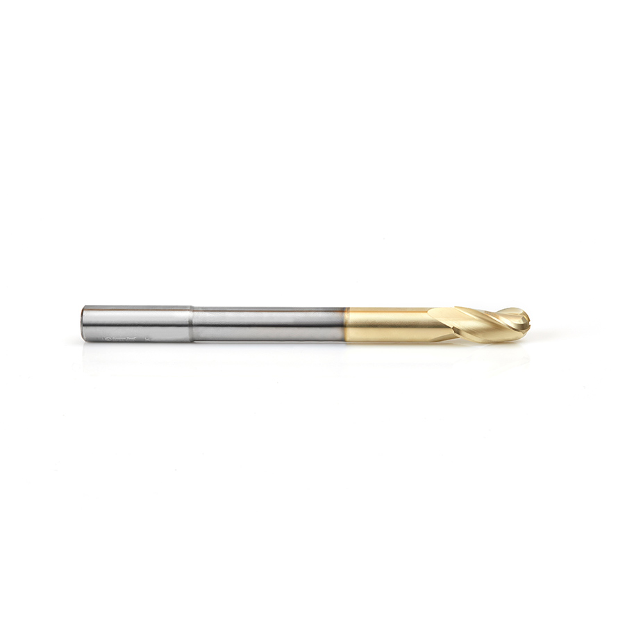 Amana 46493 Extra Long CNC 2D and 3D Carving Ball Nose 0.10 Deg Straight Angle x 1/2 Dia x 1/4 Radius x 1 x 1/2 Shank x 6 Inch Long x 3 Flute Solid Carbide ZrN Coated Reduced Shank Router Bit