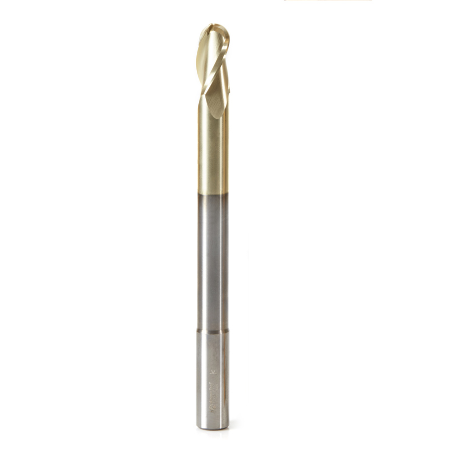 Amana 46493 Extra Long CNC 2D and 3D Carving Ball Nose 0.10 Deg Straight Angle x 1/2 Dia x 1/4 Radius x 1 x 1/2 Shank x 6 Inch Long x 3 Flute Solid Carbide ZrN Coated Reduced Shank Router Bit