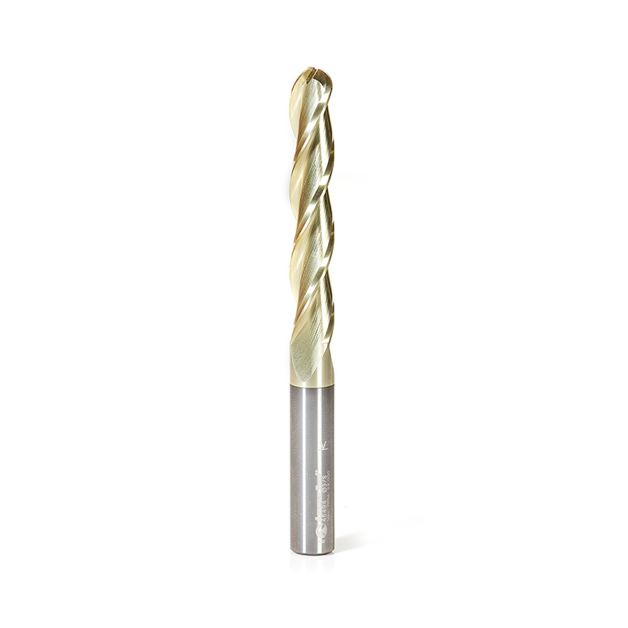 Amana 46494 CNC 2D and 3D Carving 0.10 Deg Straight Angle Ball Tip 3/8 Dia x 3/16 Radius x 2-1/4 x 3/8 Shank x 4 Inch Long x 3 Flute Solid Carbide ZrN Coated