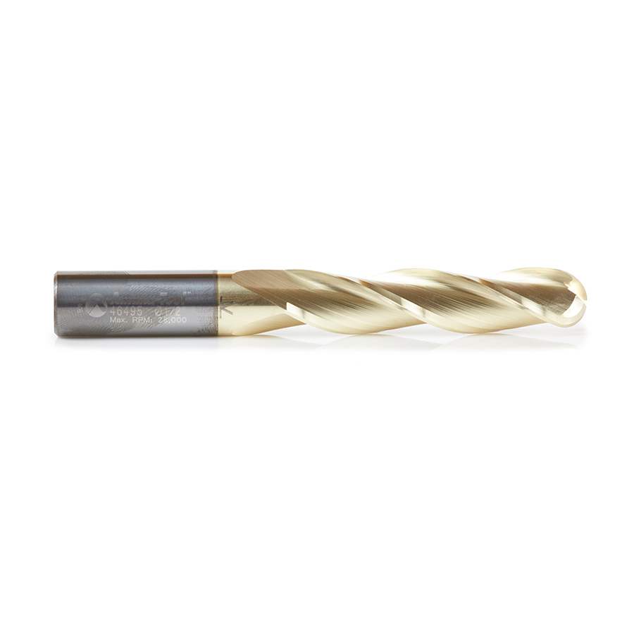 Amana 46495 CNC 2D and 3D Carving 0.10 Deg Straight Angle Ball Tip 1/2 Dia x 1/4 Radius x 2-1/4 x 1/2 Shank x 4 Inch Long x 3 Flute Solid Carbide ZrN Coated