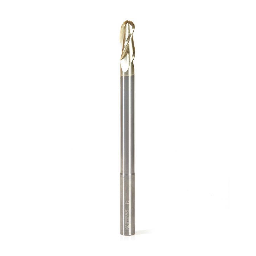 Amana 46496 Extra Long CNC 2D and 3D Carving Ball Nose 0.10 Deg Straight Angle x 1/2 Dia x 1/4 Radius x 1-1/4 x 1/2 Shank x 7 Inch Long x 3 Flute Solid Carbide ZrN Coated Reduced Shank Router Bit
