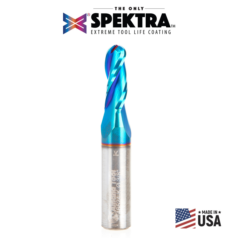 Amana 46524-K Solid Carbide Spektra, Extreme Tool Life Coated Up-Cut Ball Nose Spiral 3 Flute 3/16 Radius 3/8 Dia x 1 x 1/2 Shank Router Bit