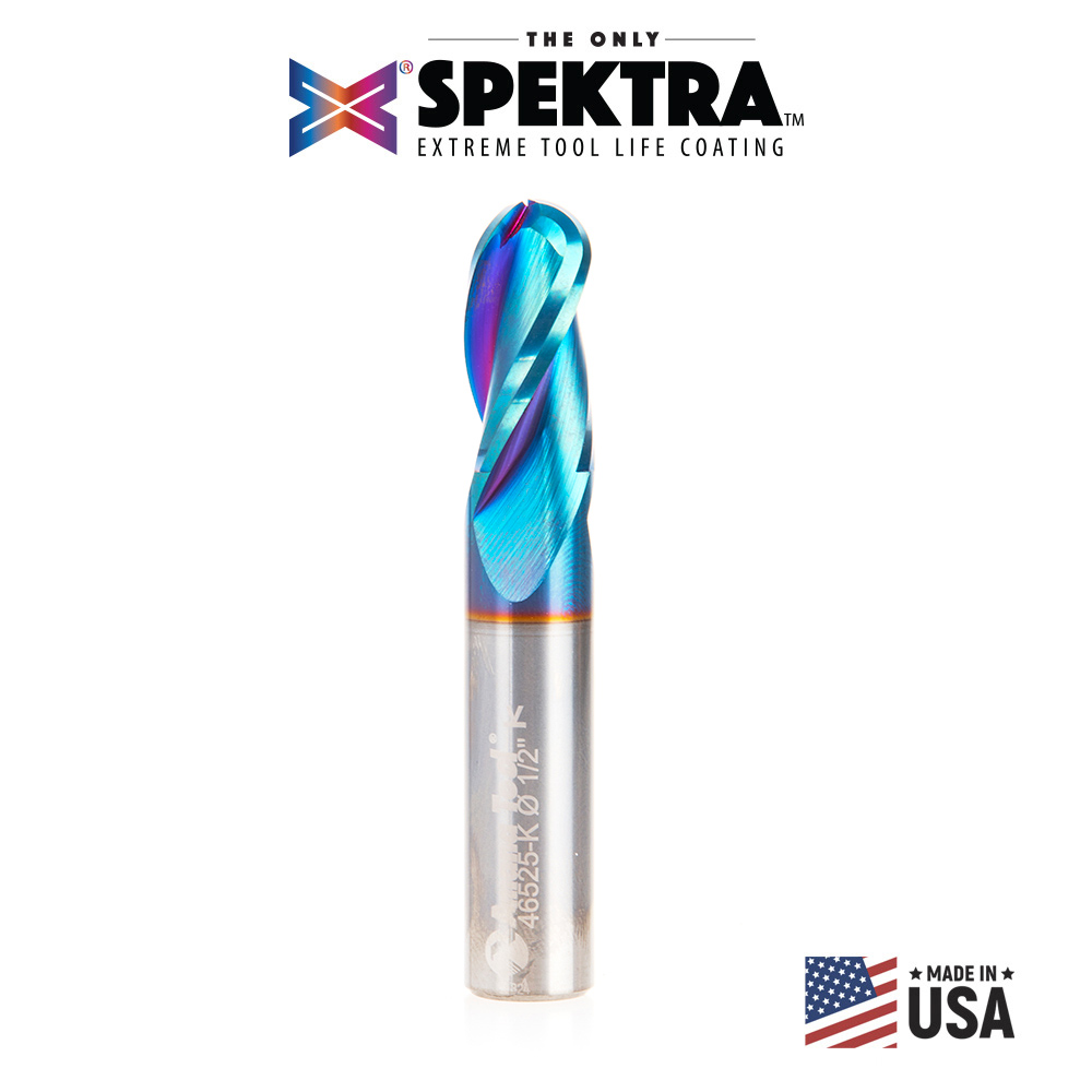 Amana 46525-K Solid Carbide Spektra, Extreme Tool Life Coated Up-Cut Ball Nose Spiral 3 Flute 1/4 Radius 1/2 Dia x 1 x 1/2 Shank Router Bit