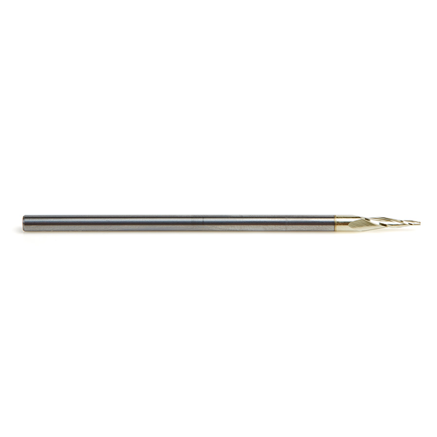 Amana 46571 CNC 2D and 3D Carving Flat Bottom 6.2 Deg Angle x 1/32 Dia x 0.445 x 1/8 Shank x 3 Inch Long x 3 Flute Solid Carbide ZrN Coated Router Bit