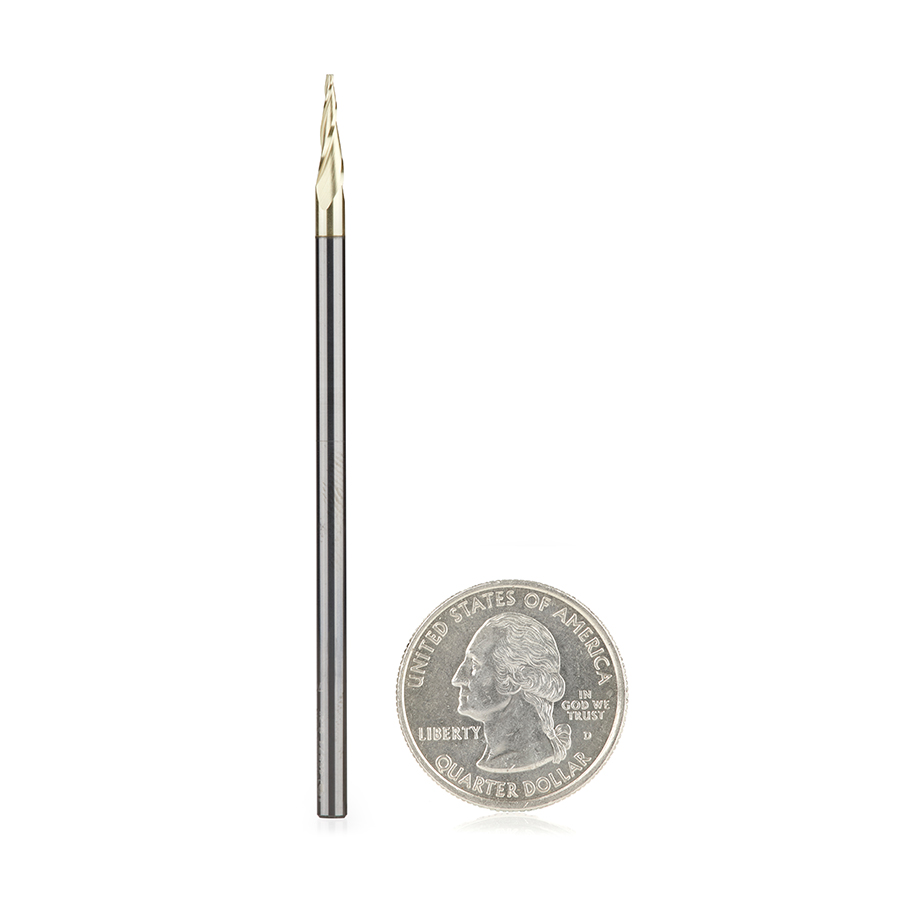Amana 46571 CNC 2D and 3D Carving Flat Bottom 6.2 Deg Angle x 1/32 Dia x 0.445 x 1/8 Shank x 3 Inch Long x 3 Flute Solid Carbide ZrN Coated Router Bit
