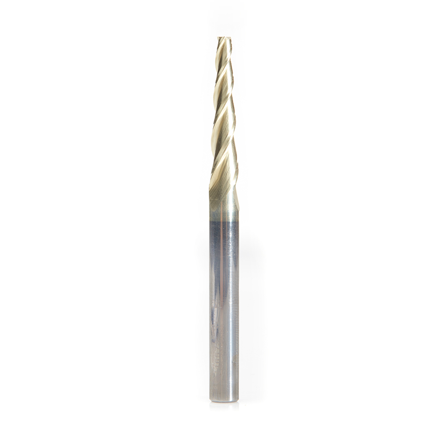 Amana 46573 CNC 2D and 3D Carving Flat Bottom 3.6 Deg Angle x 1/8 Dia x 1 x 1/4 Shank x 3 Inch Long x 3 Flute Solid Carbide ZrN Coated Router Bit