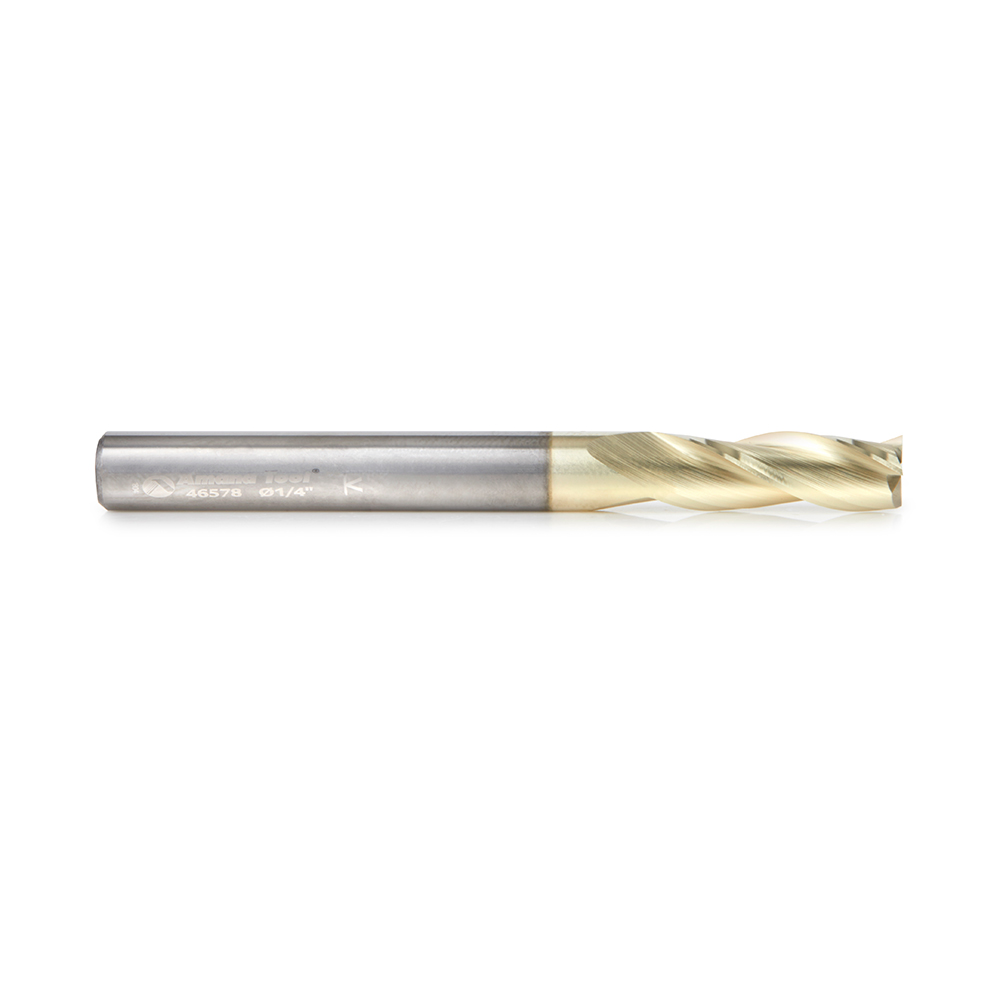 Amana 46578 CNC 2D and 3D Carving Flat Bottom 0.10 Deg Straight Angle x 1/4 Dia x 3/4 x 1/4 Shank x 2-1/2 Inch Long x 3 Flute Solid Carbide ZrN Coated Router Bit