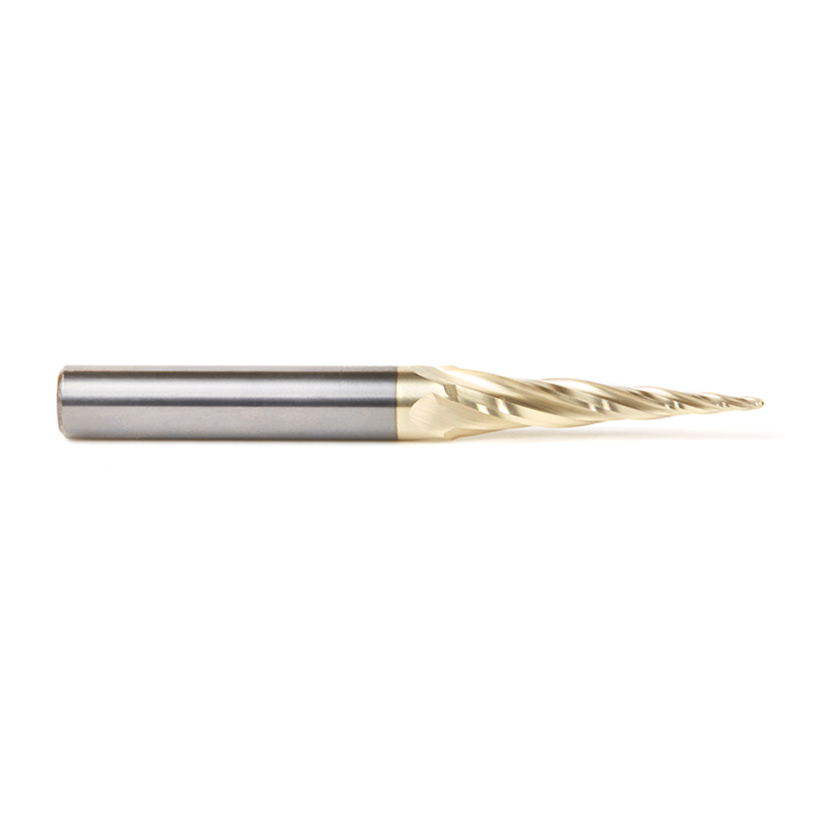 Amana 46582 CNC 2D and 3D Carving 5.4 Deg Tapered Angle Ball Tip 1/16 Dia x 1/32 Radius x 1-1/2 x 3/8 Shank x 3-1/2 Inch Long x 4 Flute Solid Carbide Up-Cut Spiral ZrN Coated