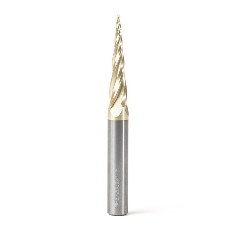 Amana 46582 CNC 2D and 3D Carving 5.4 Deg Tapered Angle Ball Tip 1/16 Dia x 1/32 Radius x 1-1/2 x 3/8 Shank x 3-1/2 Inch Long x 4 Flute Solid Carbide Up-Cut Spiral ZrN Coated