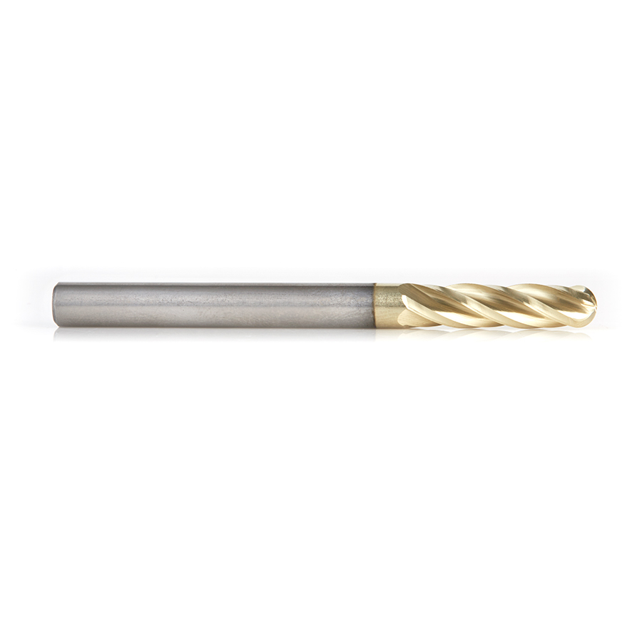 Amana 46584 CNC 2D and 3D Carving 0.10 Deg Straight Angle Ball Tip 1/4 Dia x 1/8 Radius x 1 x 1/4 Shank x 3 Inch Long x 4 Flute Solid Carbide ZrN Coated Router Bit