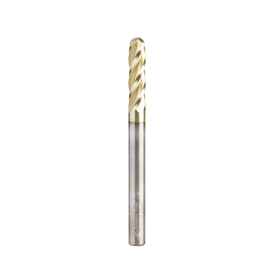 Amana 46584 CNC 2D and 3D Carving 0.10 Deg Straight Angle Ball Tip 1/4 Dia x 1/8 Radius x 1 x 1/4 Shank x 3 Inch Long x 4 Flute Solid Carbide ZrN Coated Router Bit