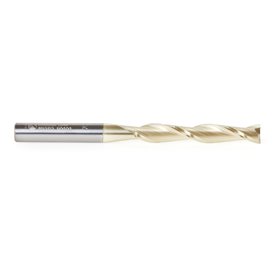 Amana 46585 CNC 2D and 3D Carving Flat Bottom x 0.10 Deg Straight Angle x 6mm Dia x 38mm x 6mm Shank x 75mm Long x 2 Flute Solid Carbide ZrN Coated Router Bit
