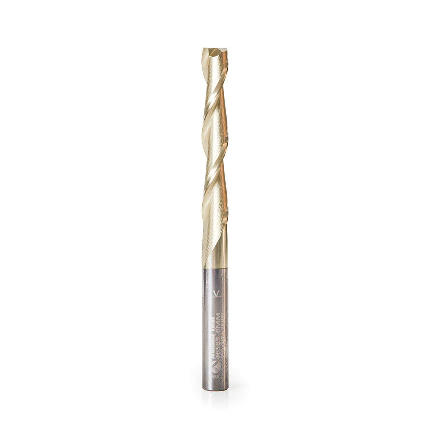 Amana 46585 CNC 2D and 3D Carving Flat Bottom x 0.10 Deg Straight Angle x 6mm Dia x 38mm x 6mm Shank x 75mm Long x 2 Flute Solid Carbide ZrN Coated Router Bit