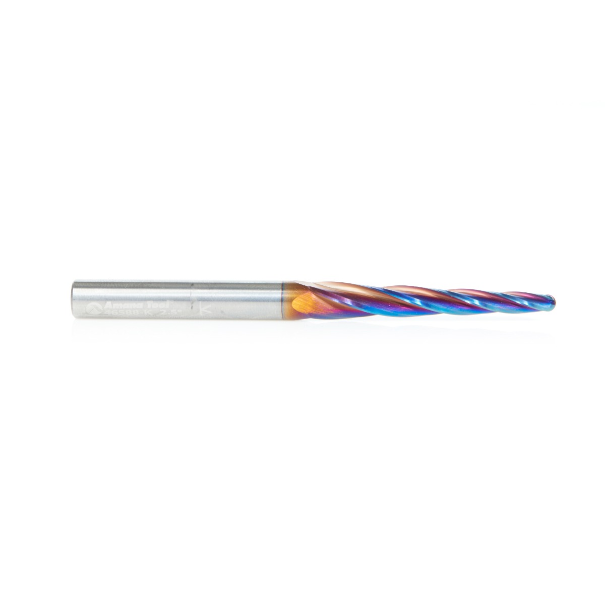 Amana 46588-K CNC 2D and 3D Carving 2.5 Deg Tapered Angle Ball Tip x 1/8 Dia x 1/16 Radius x 1-1/2 x 1/4 Shank x 3 Inch Long x 4 Flute Solid Carbide Spiral Spektra, Extreme Tool Life Coated Router Bit