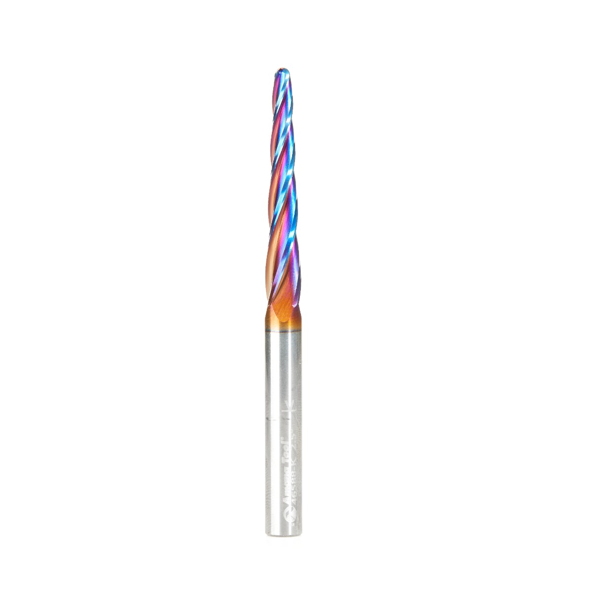 Amana 46588-K CNC 2D and 3D Carving 2.5 Deg Tapered Angle Ball Tip x 1/8 Dia x 1/16 Radius x 1-1/2 x 1/4 Shank x 3 Inch Long x 4 Flute Solid Carbide Spiral Spektra, Extreme Tool Life Coated Router Bit