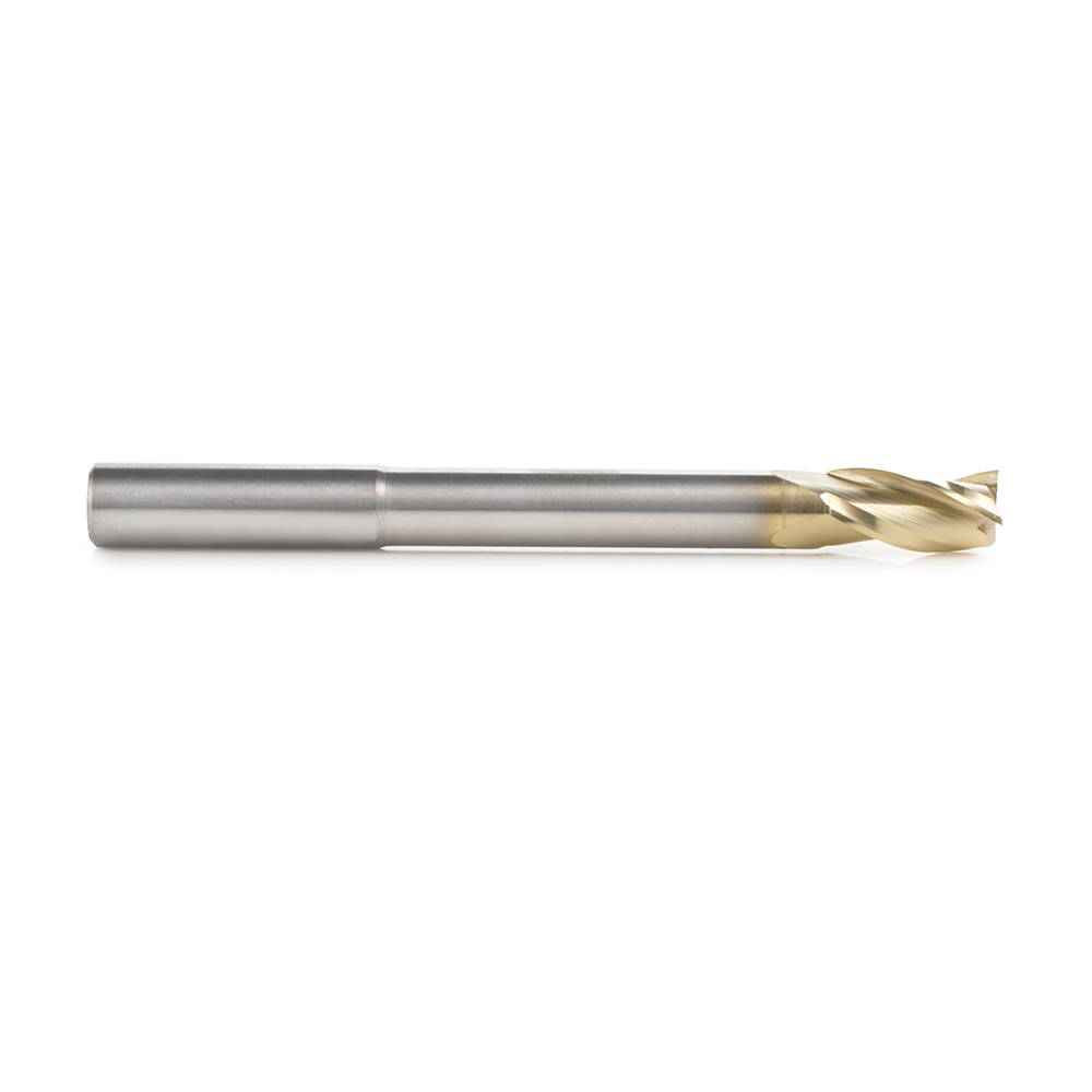 Amana 46591 Extra Long CNC 2D and 3D Carving Flat Bottom 0.10 Deg Straight Angle x 3/8 Dia x 3/4 x 3/8 Shank x 4 Inch Long x 3 Flute Solid Carbide ZrN Coated Reduced Shank Router Bit