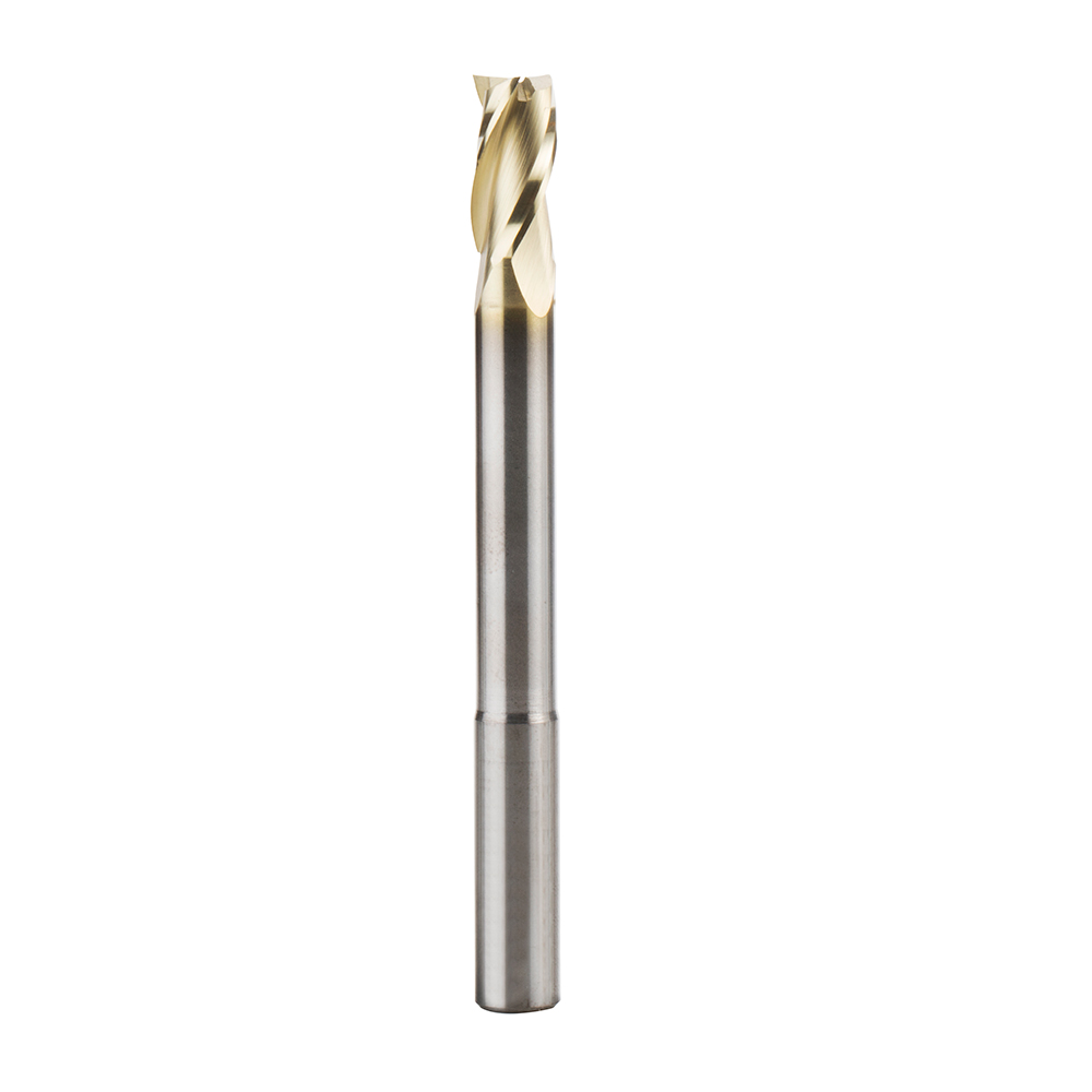 Amana 46591 Extra Long CNC 2D and 3D Carving Flat Bottom 0.10 Deg Straight Angle x 3/8 Dia x 3/4 x 3/8 Shank x 4 Inch Long x 3 Flute Solid Carbide ZrN Coated Reduced Shank Router Bit