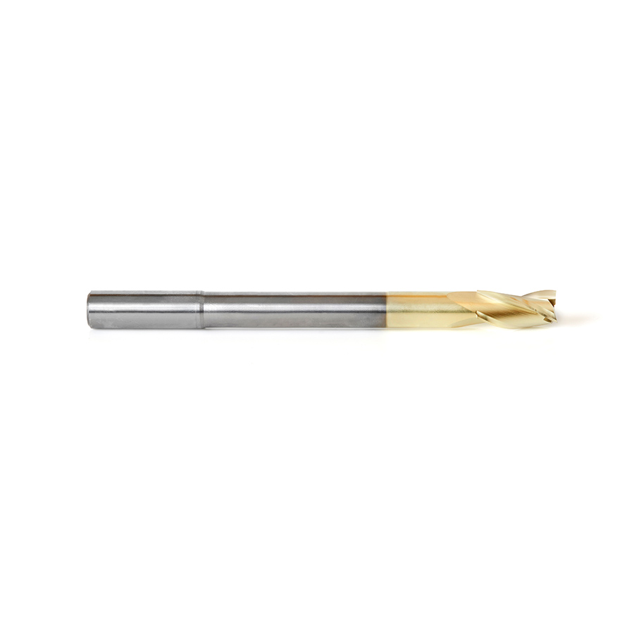 Amana 46593 Extra Long CNC 2D and 3D Carving Flat Bottom 0.10 Deg Straight Angle x 1/2 Dia x 1 x 1/2 Shank x 6 Inch Long x 3 Flute Solid Carbide ZrN Coated Reduced Shank Router Bit