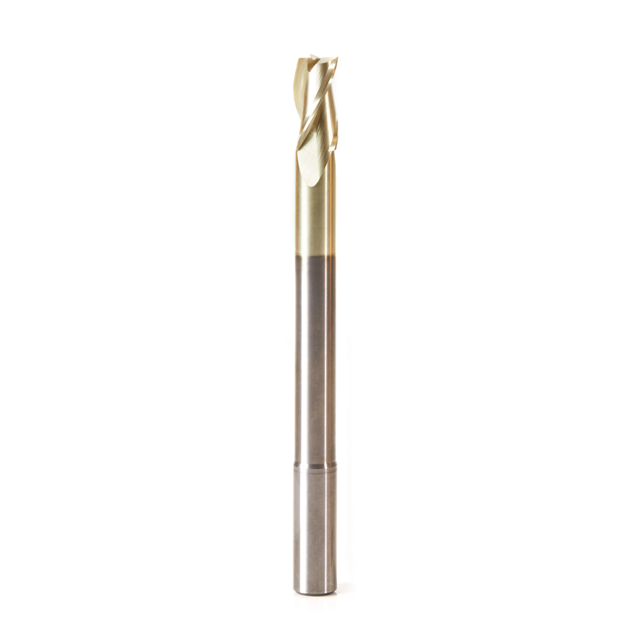 Amana 46593 Extra Long CNC 2D and 3D Carving Flat Bottom 0.10 Deg Straight Angle x 1/2 Dia x 1 x 1/2 Shank x 6 Inch Long x 3 Flute Solid Carbide ZrN Coated Reduced Shank Router Bit