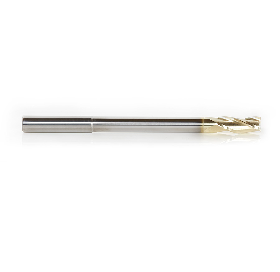 Amana 46596 Extra Long CNC 2D and 3D Carving Flat Bottom x 0.10 Deg Angle x 1/2 Dia x 1-1/4 x 1/2 Shank x 7 Inch Long x 3 Flute Solid Carbide ZrN Coated Reduced Shank Router Bit
