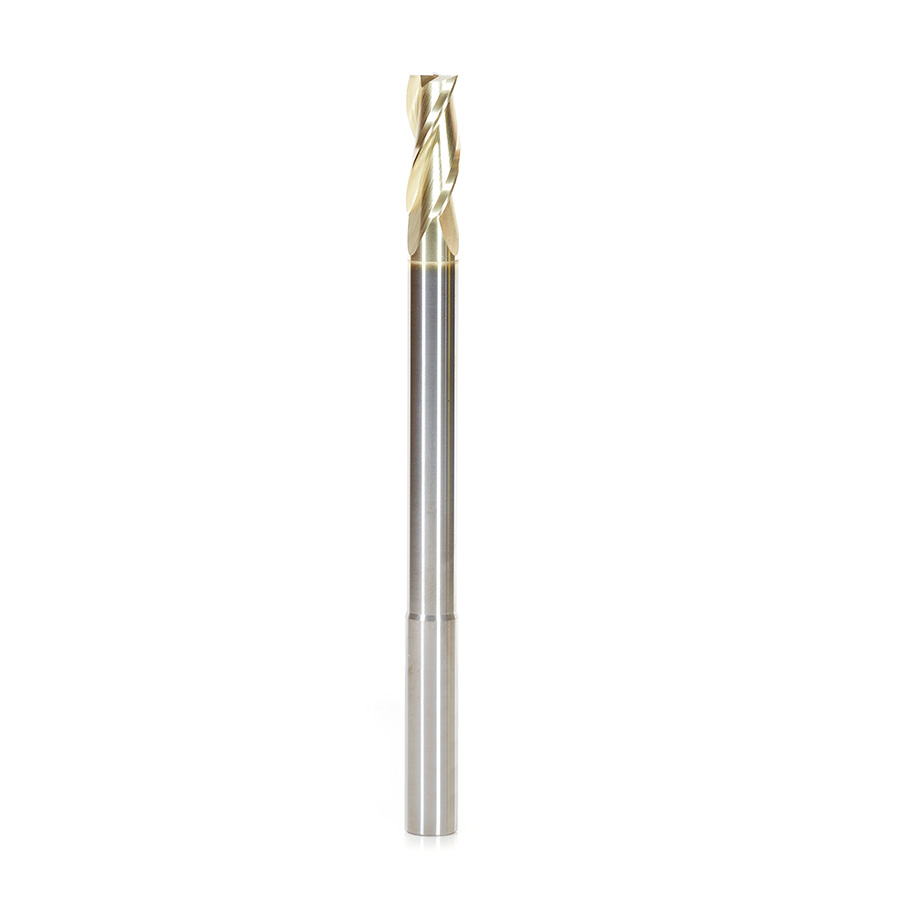 Amana 46596 Extra Long CNC 2D and 3D Carving Flat Bottom x 0.10 Deg Angle x 1/2 Dia x 1-1/4 x 1/2 Shank x 7 Inch Long x 3 Flute Solid Carbide ZrN Coated Reduced Shank Router Bit