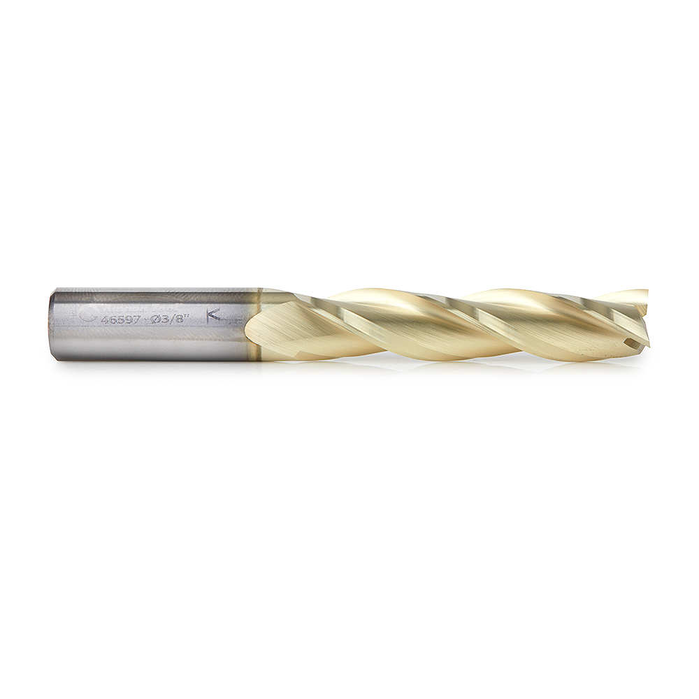 Amana 46597 CNC 2D and 3D Carving Flat Bottom 0.10 Deg Straight Angle x 3/8 Dia x 1-3/4 x 3/8 Shank x 3 Inch Long x 3 Flute Solid Carbide ZrN Coated Router Bit